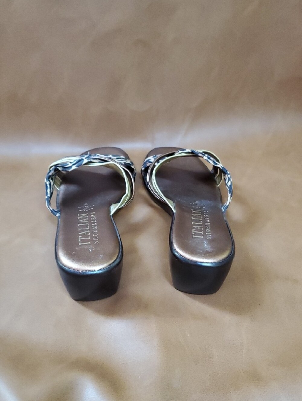 Womens Size 7 Italian Shoemakers Bronze Heeled Slides with Leopard-Print Straps - Picture 4 of 7